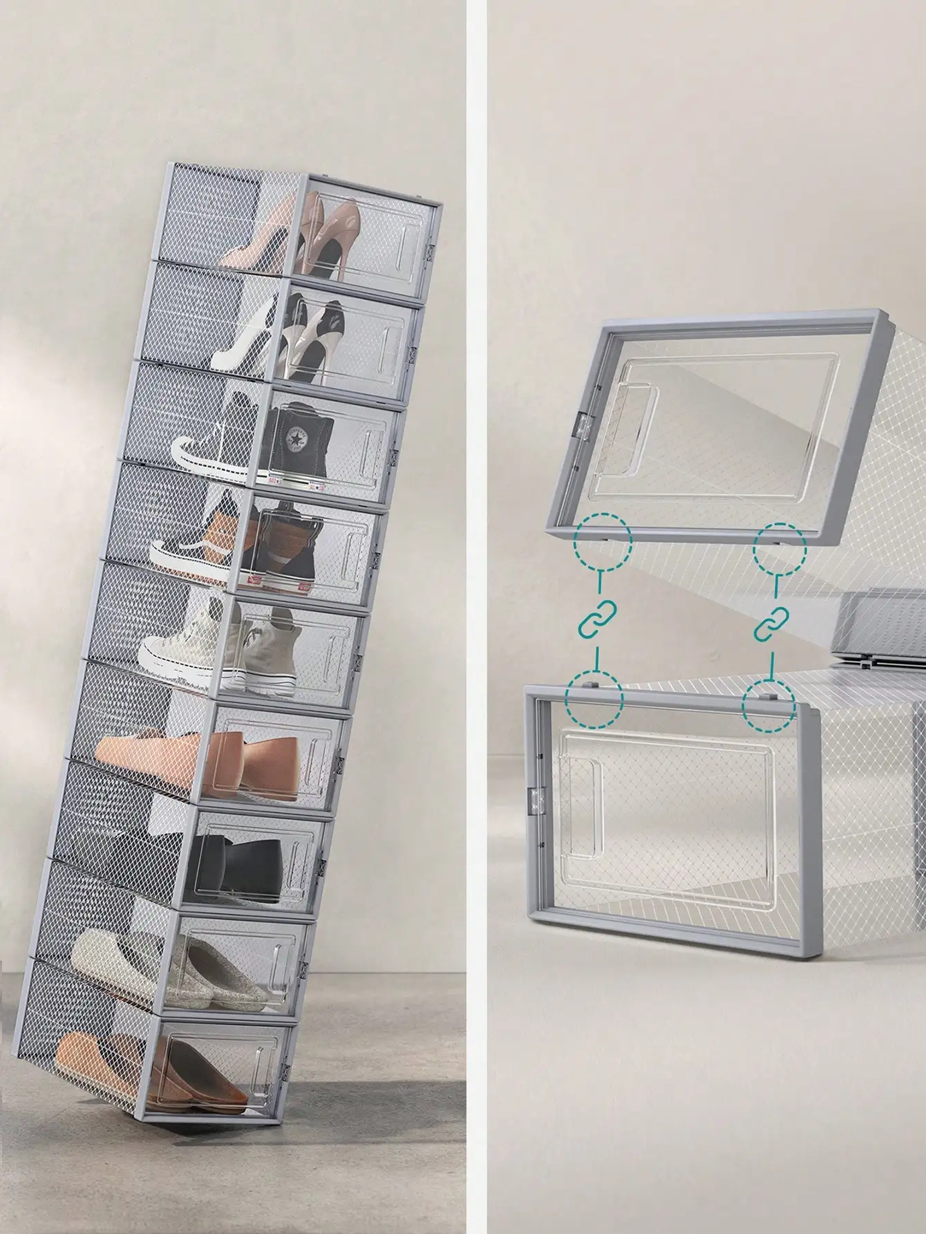 SONGMICS 18 scatole per scarpe impilabili, pieghevoli, adatte fino al regno unito taglia 11, trasparente/grigio