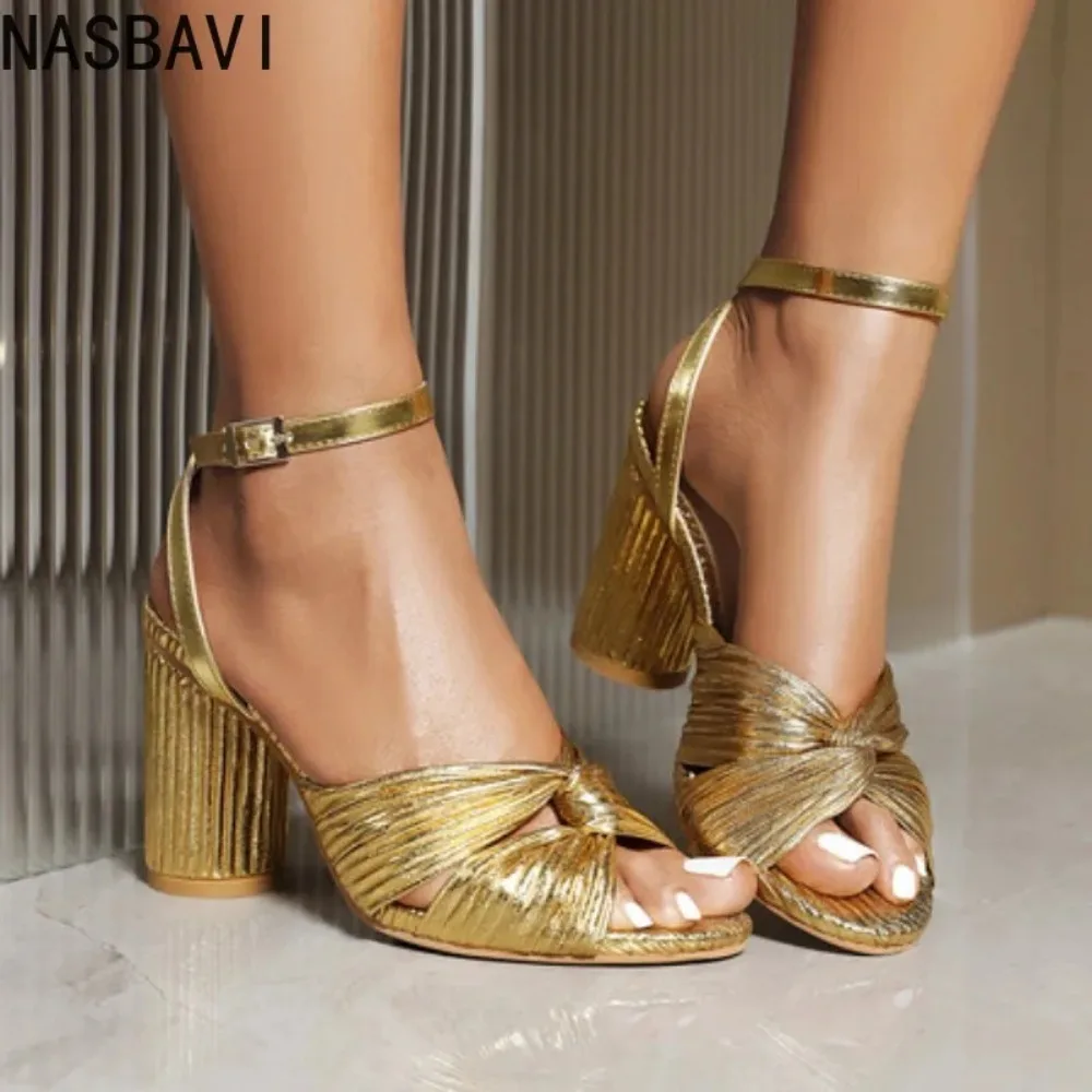 

NASBAVI Straps Women's Sandals Summer Shoes Luxury Peep Toe Flip Flops Round High Heels Gold Party Dance Wedding Shoes Ladies
