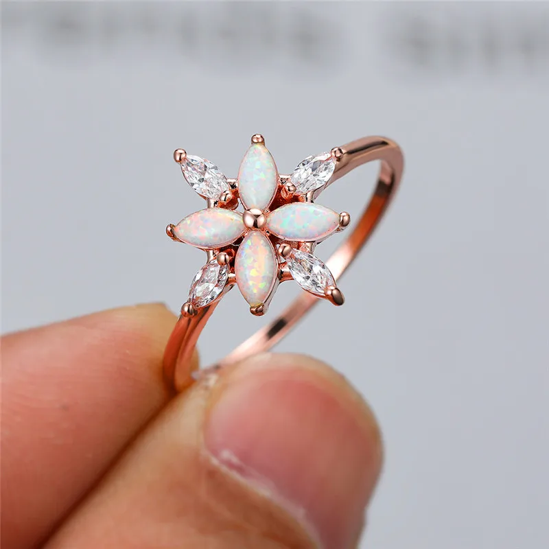 Cute Female White Fire Opal Stone Ring Charm Rose Gold Color Flower Wedding Jewelry For Women