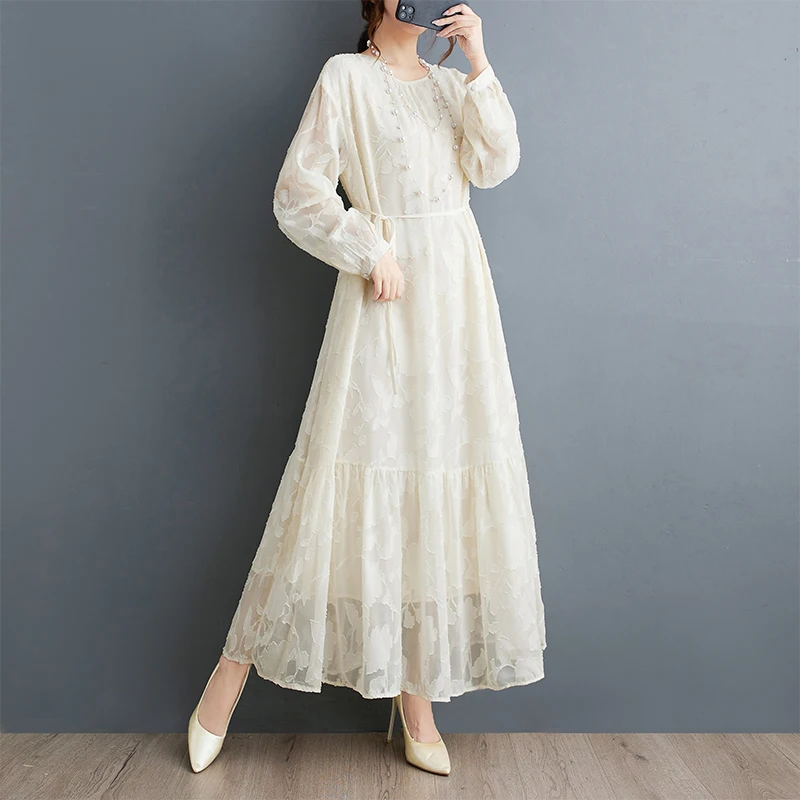 Vestido f solto tamanho ande retrô bordado retalhos manga lanterna dupla camada estilo coreano para viagem primavera...