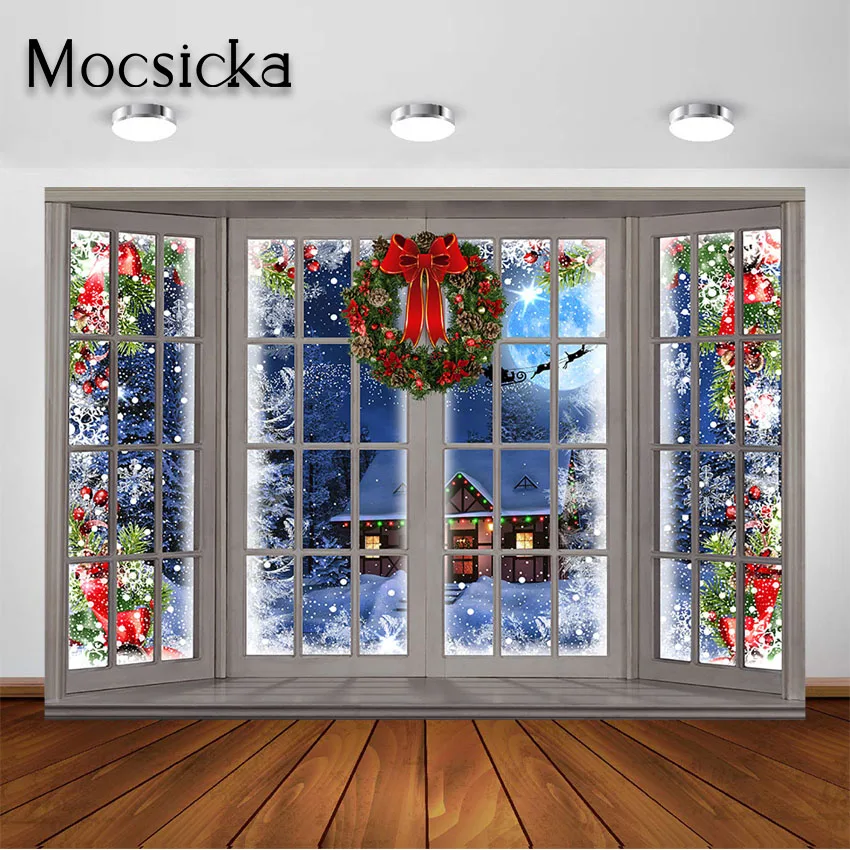 Mocsicka Winter Christmas Photography Backdrop Merry Xmas Window Full Moon Night Background Holiday Portrait Photo Studio Props