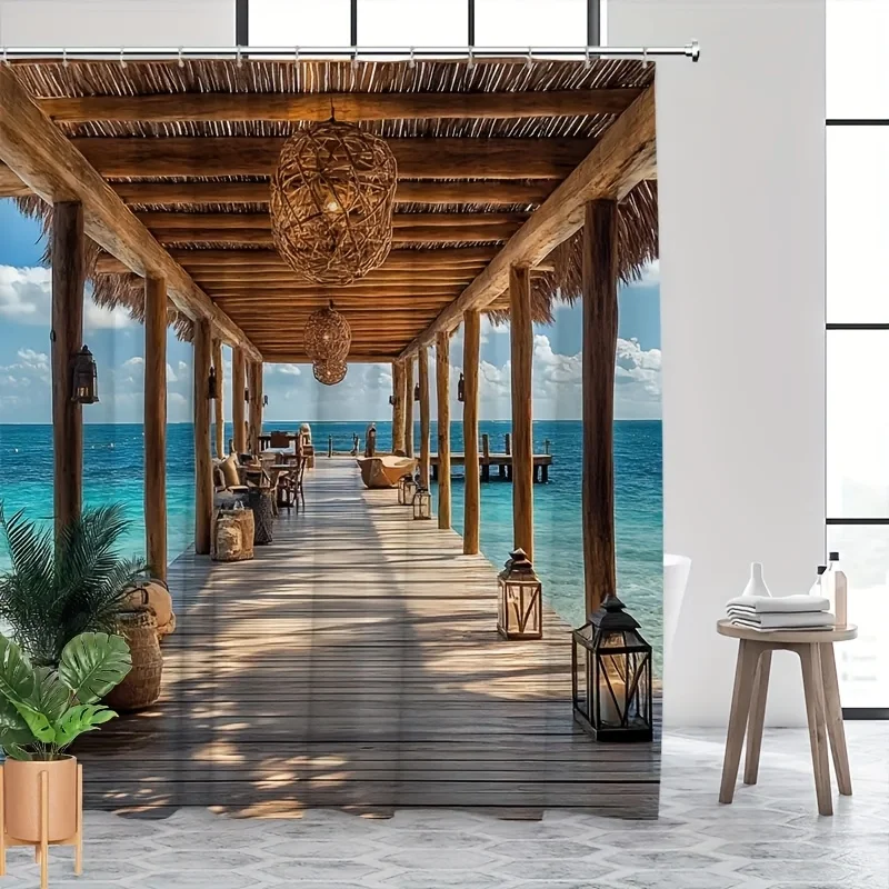 1pc Shower Curtain with Grass Roof - Recliner - Lantern & Turquoise Water Graphic Print Design - Country Waterfront Pier Shower