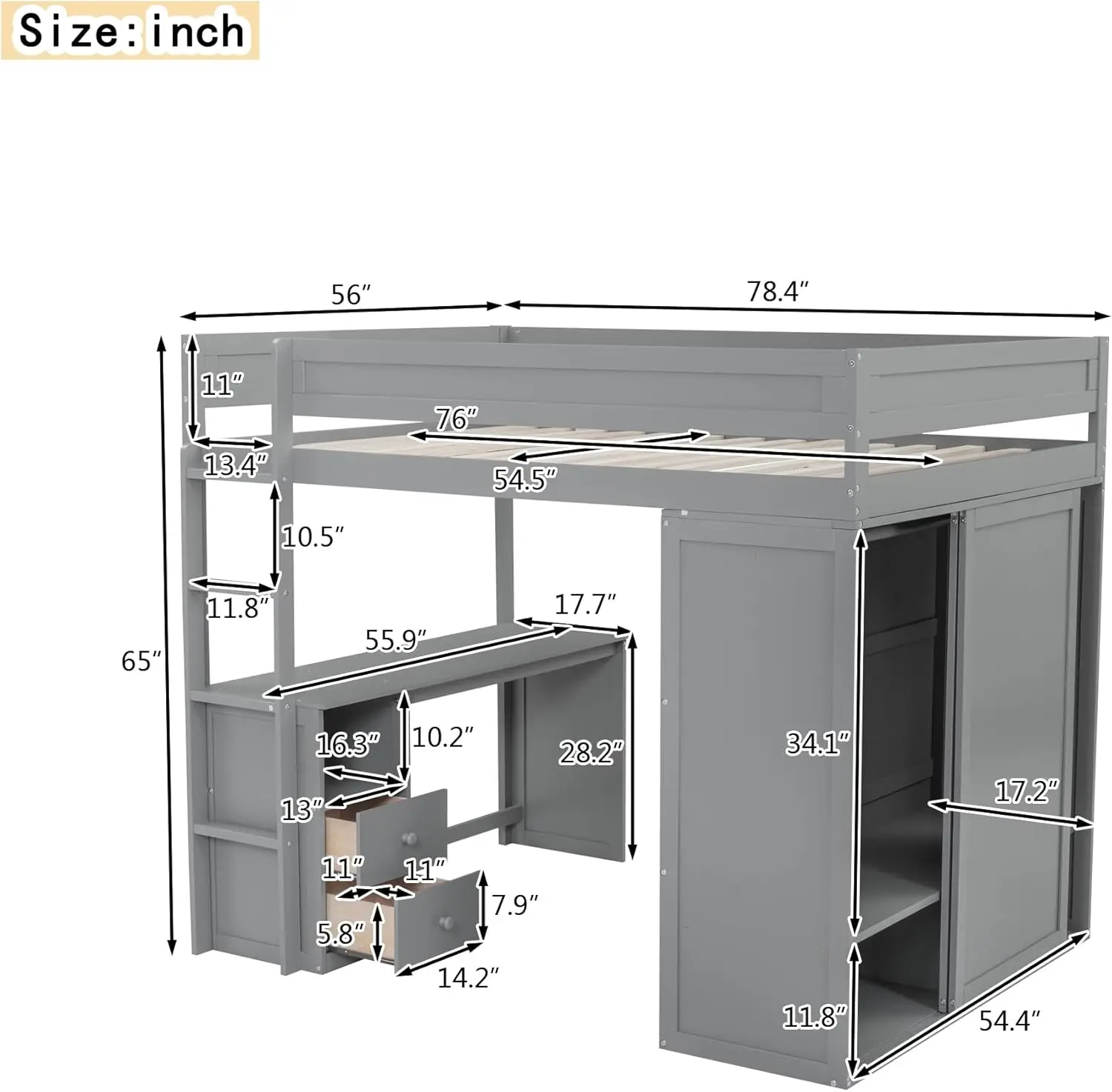 

Full Size Loft Bed with Desk, Wardrobe and 2 Drawers, Wooden High Loftbed Frame w/A Open Storage Cabinet