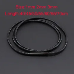 3mm 60cm 70cm Black Leather Waxed Cord Necklace for Men Women Choker Braided Necklace Cord Stainless Steel Tube Connectors Clasp