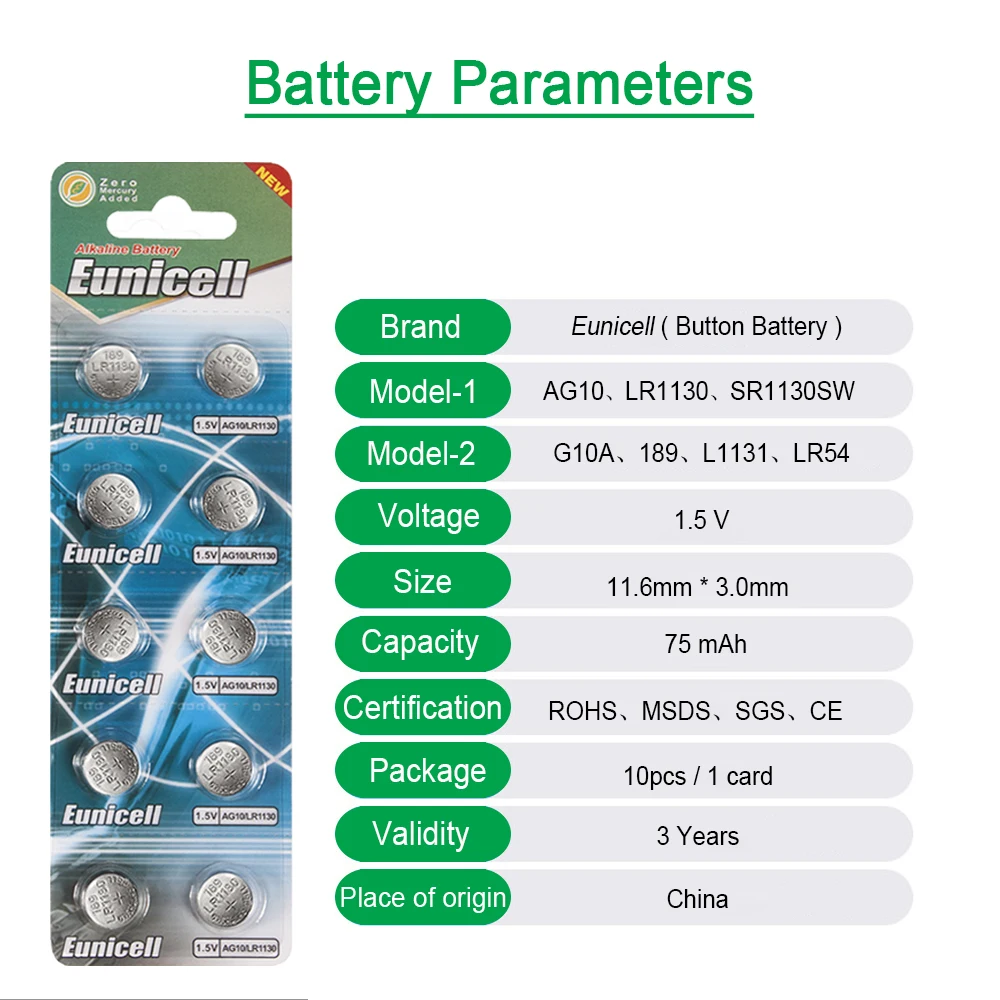 Pilas de botón Eunicell 75mAh SR1130 LR1130 AG10 189 389 LR54 L1131 389A 1,5 V pila de moneda alcalina para reloj batería
