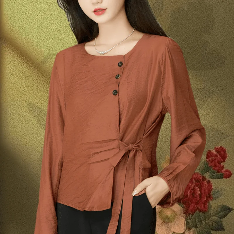 

Stylish Irregular Pleats Solid Color Top Casual Elegant Long Sleeve Shirt