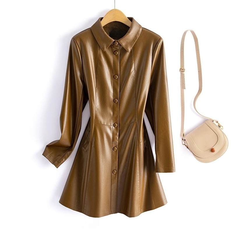 新しい女性のコート秋冬ファッションターンダウンカラーシングルブレストスリムトップミディアムロングスタイルサイドポケットレザージャケット