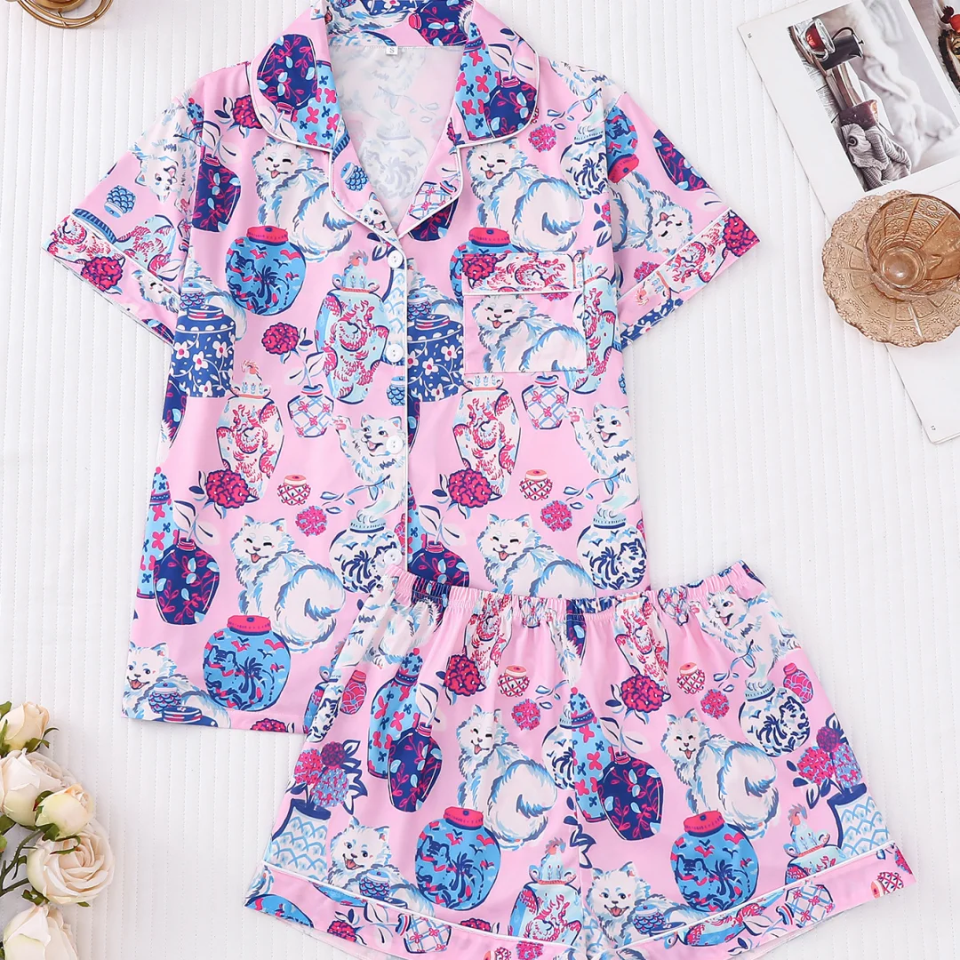 

Cute Kitty Print Pajamas Colorful Lapel Short Sleeve and Shorts Pants Loungewear Cardigan Home Wear Set Sleepwear for Women