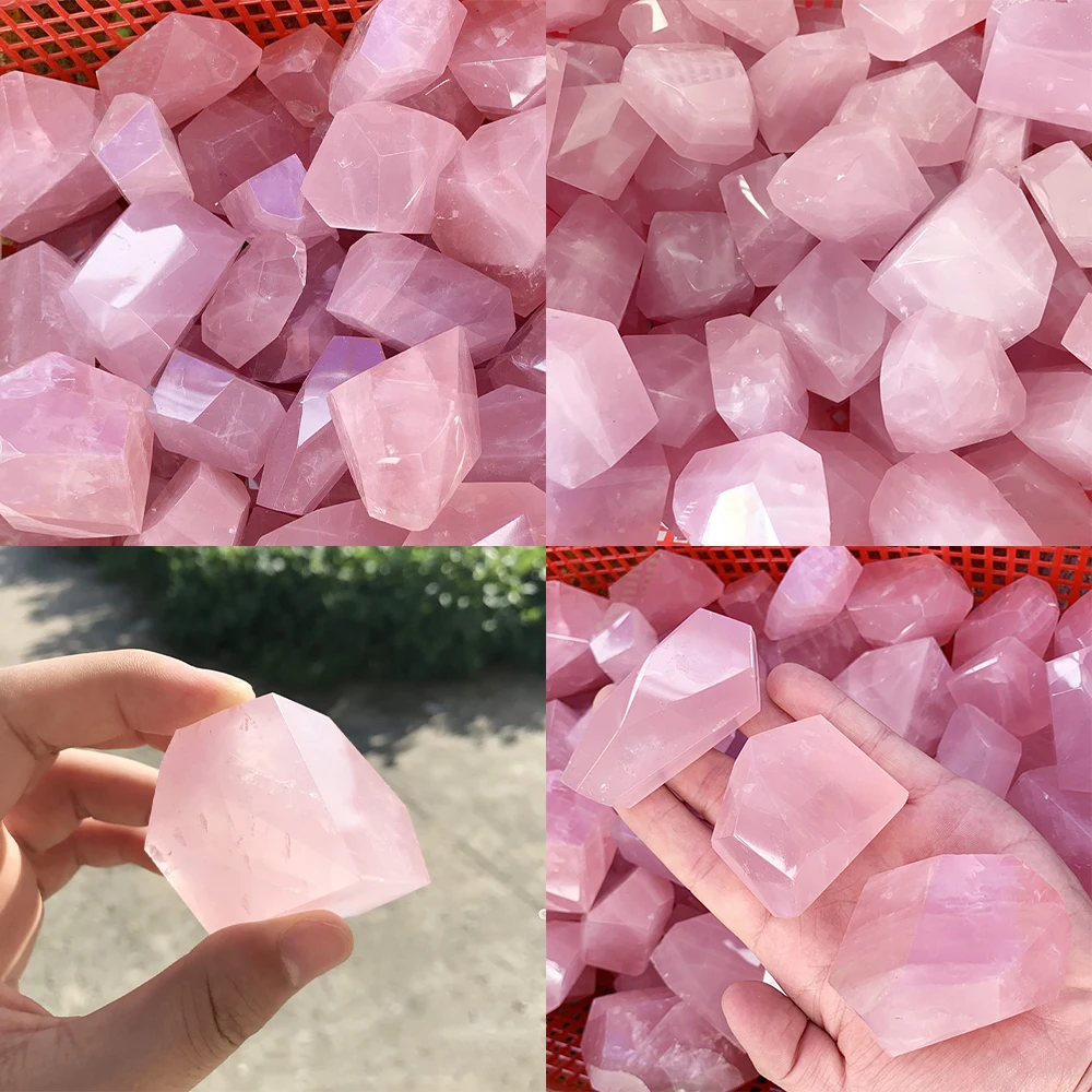 Natural Pink Crystal Geometric Crystal Original Stone Burnishing Shaped Polyhedral Rose Quartz Landscape Stone Home Decoration