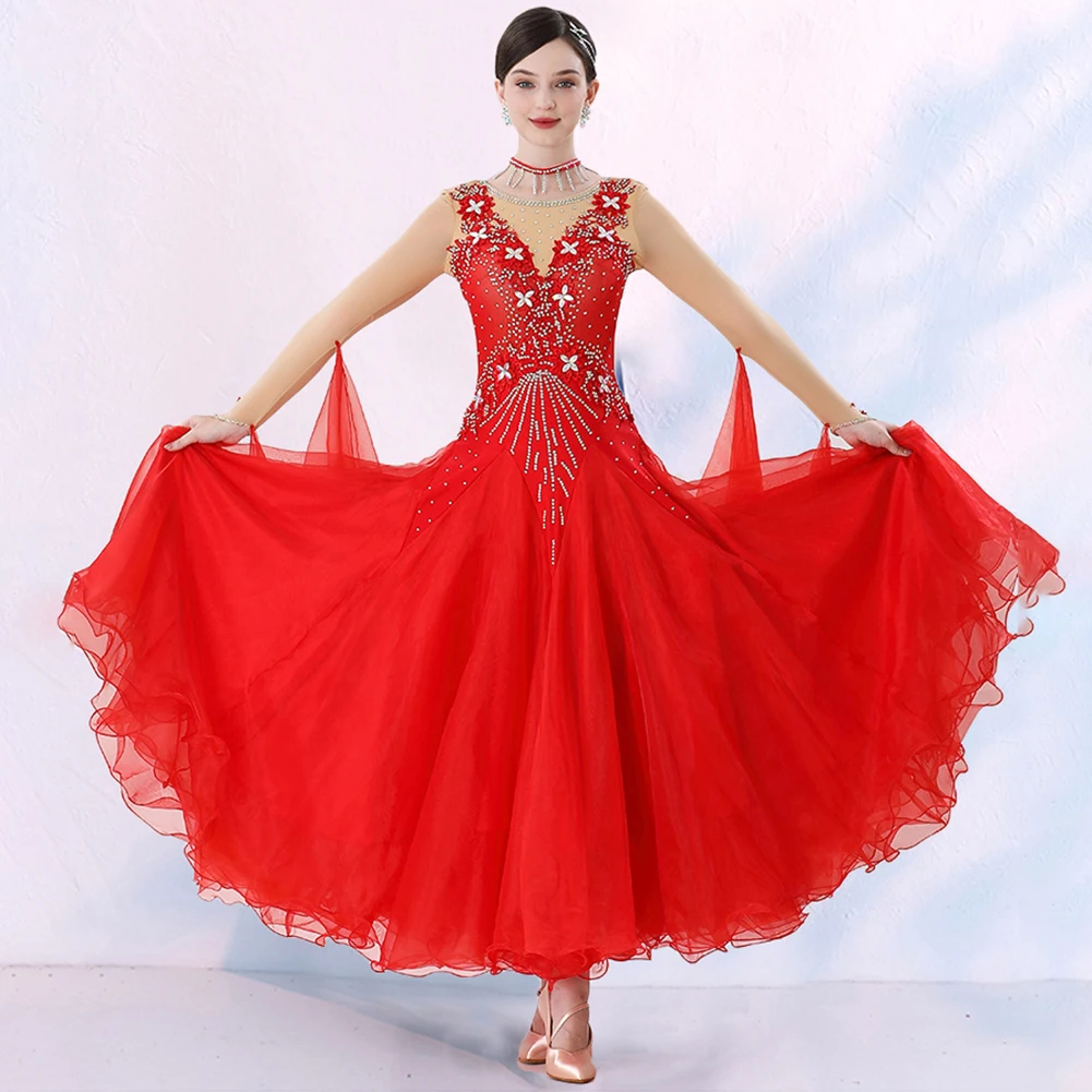 Falda de Flamenco para mujer, vestido de competición de vals de salón con cuello redondo, diamantes de imitación de alta calidad, práctica moderna, baile elegante rojo