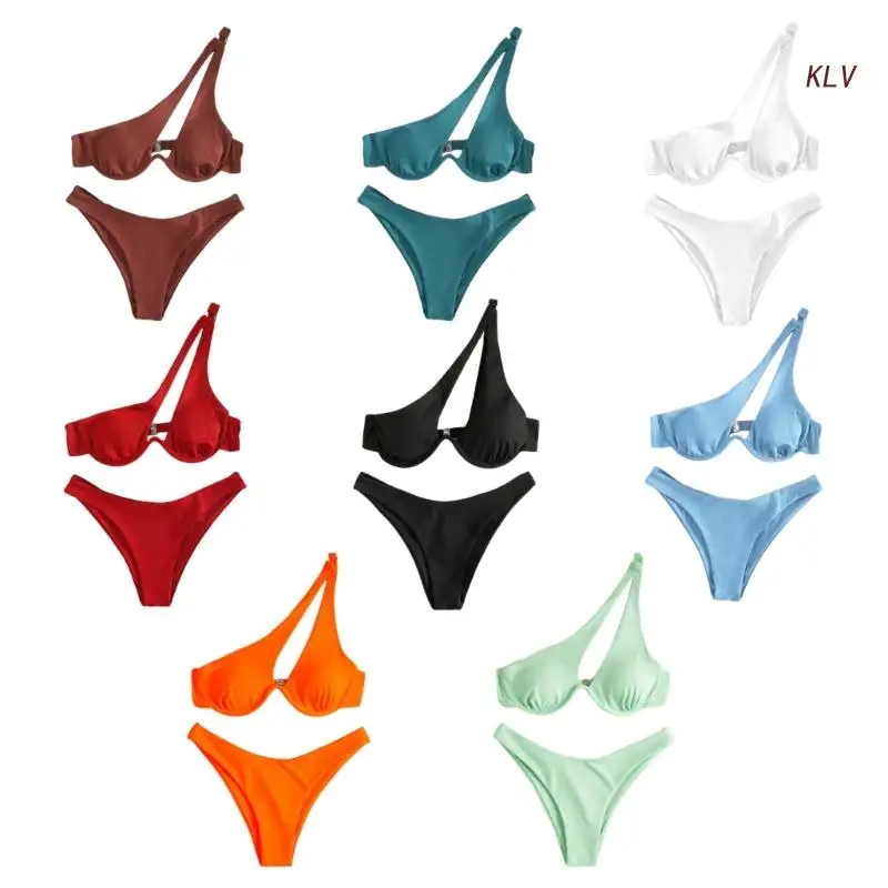 Womens Summer Push Up Cut Out Bathing Suit Sexy Hollow-Out Stitching Swimsuit Trendy One Shoulder Bikinis Beachwear Set