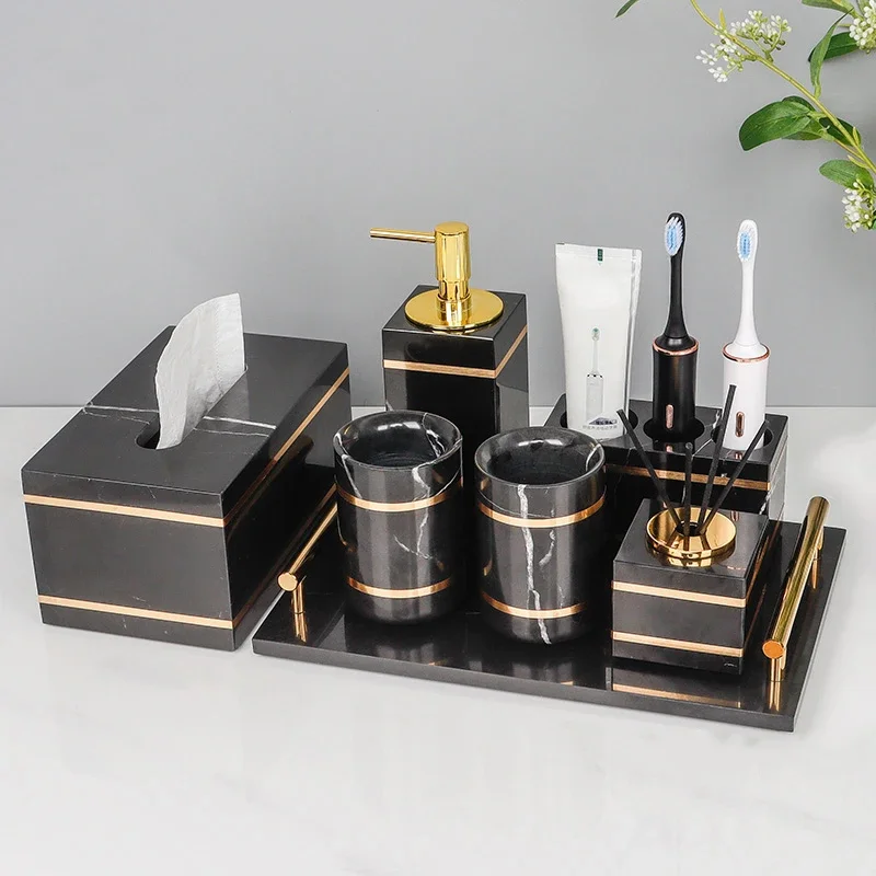 

Black Nero Marquin Natural Marble Bathroom Accessories Luxury Gold Soap Dish Soap Dispenser Toothbrush Holder Tray Bathroom Set