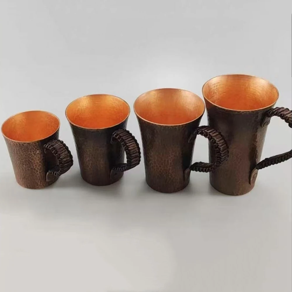 Vintage Pure Copper Coffee Cup,Mug Moscow Mule Tumbler Engraving Hammer Texture Woven Handle 450 ml Beer Mug,Tea Cup Tableware