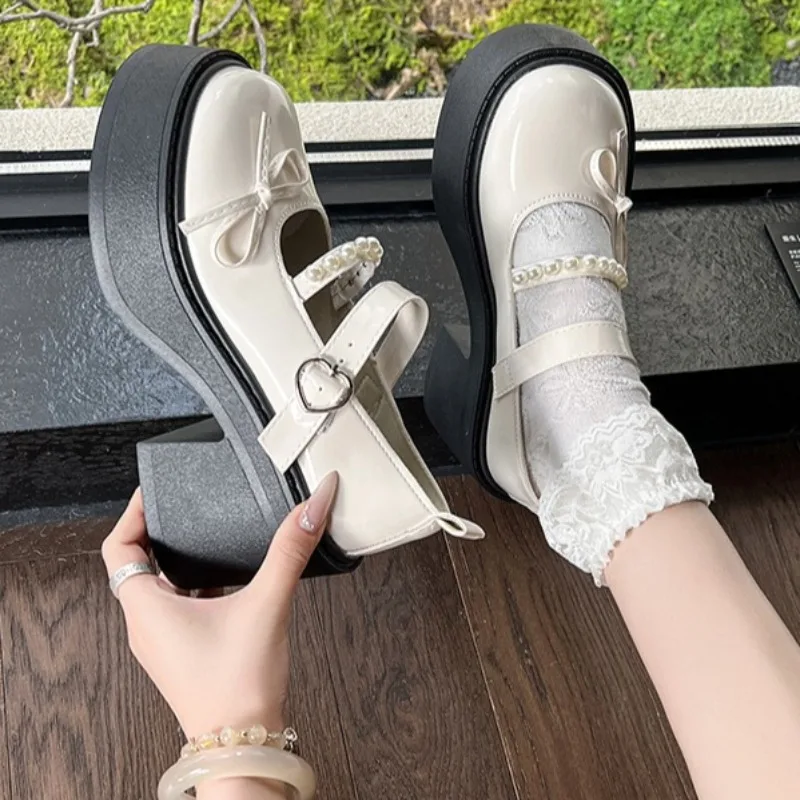 French Round Toe Thick Heel Single Strap Mary Jane Shoes for Women 2025 New Versatile Bow Patent Leather High Heels 35--40 Size