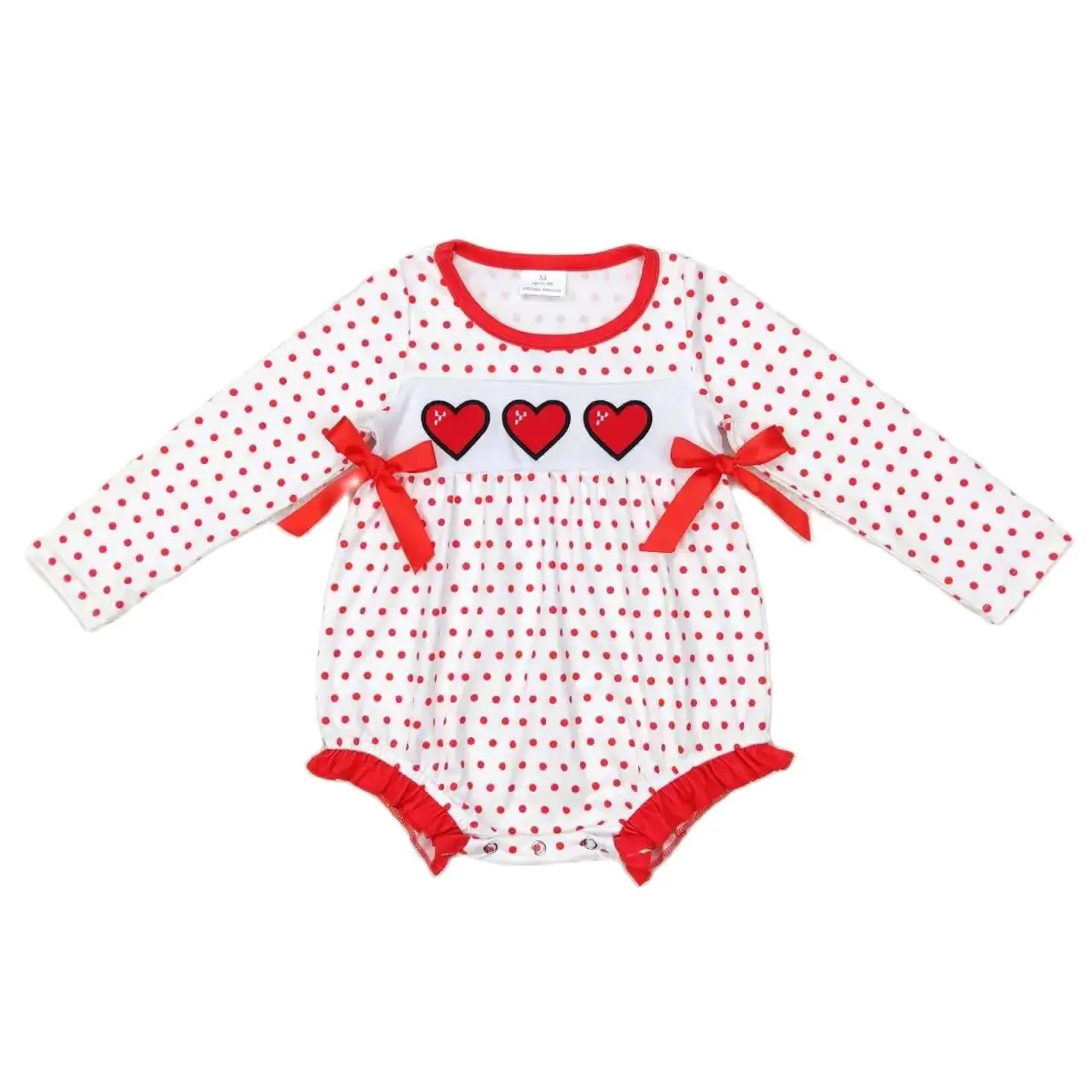 

LR0835 kids clothing embroidered love bow red polka dot long sleeve jumpsuit white color romper