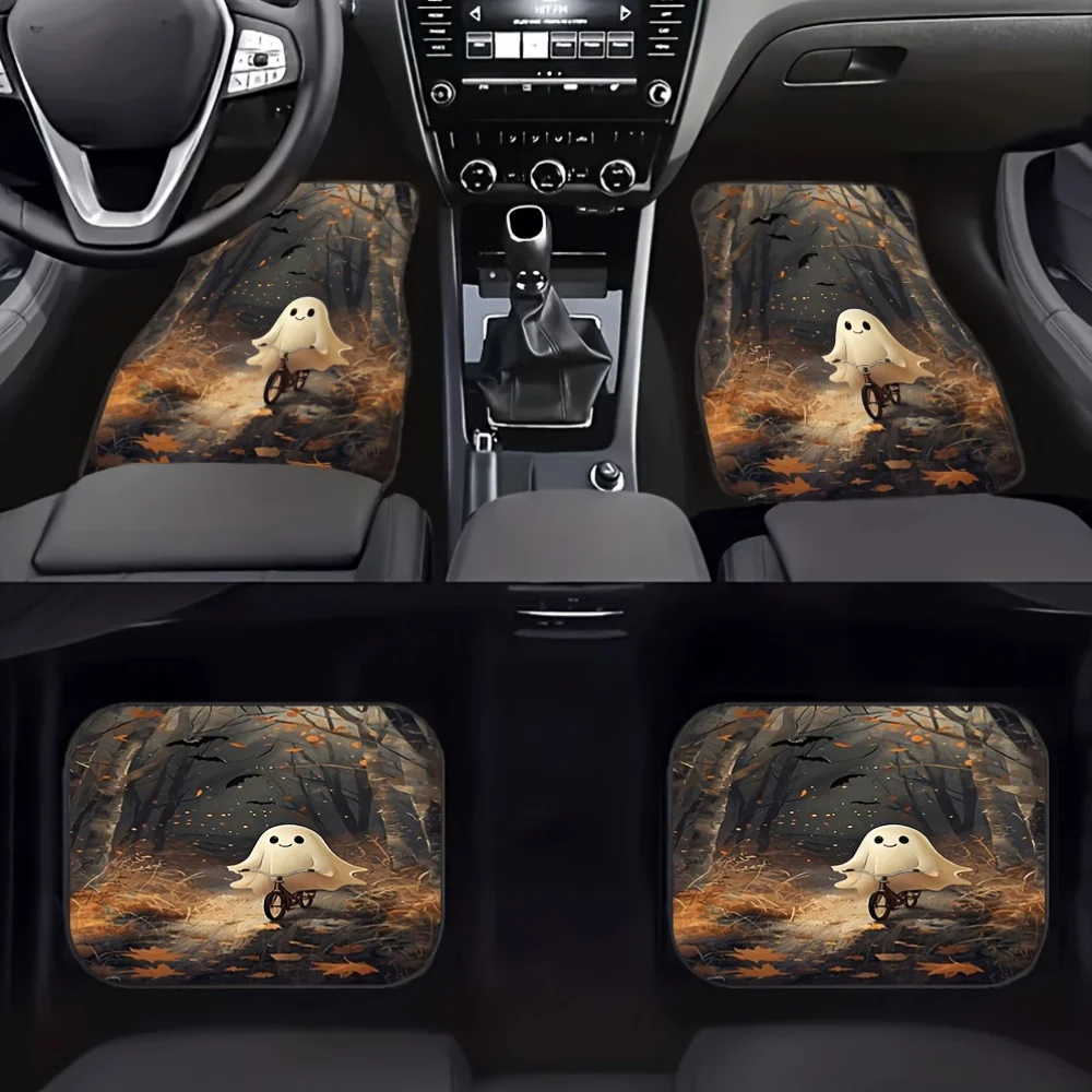 4pcs Car Floor Mats With A Ghost Riding Bicycle Pattern. Exquisitely Designed Car Floor Mats With Personalized Patterns, Suitabl