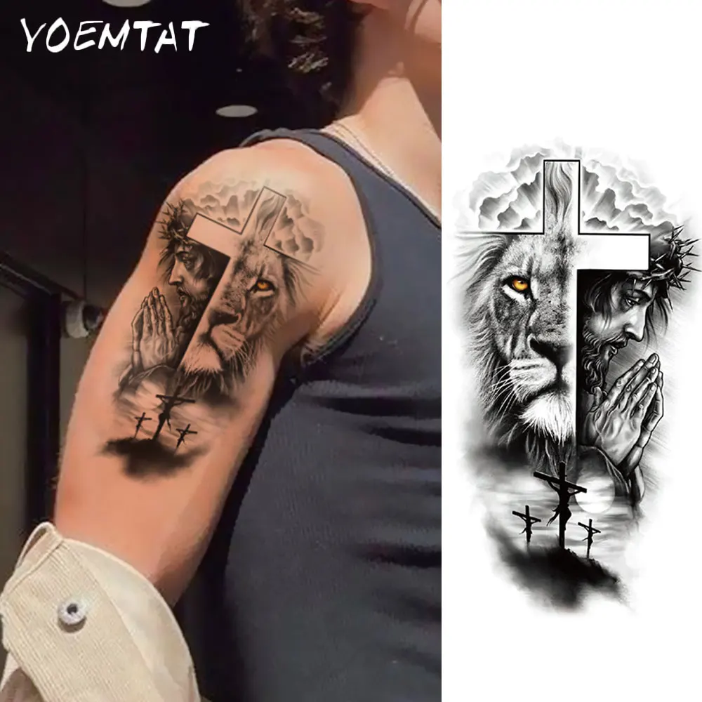 Waterproof Temporary Tattoo Sticker Black Lion Jesus Prayer Cross Thorns Animal Body Art Arm Leg Fake Tattoos Sleeve Women Men view 2