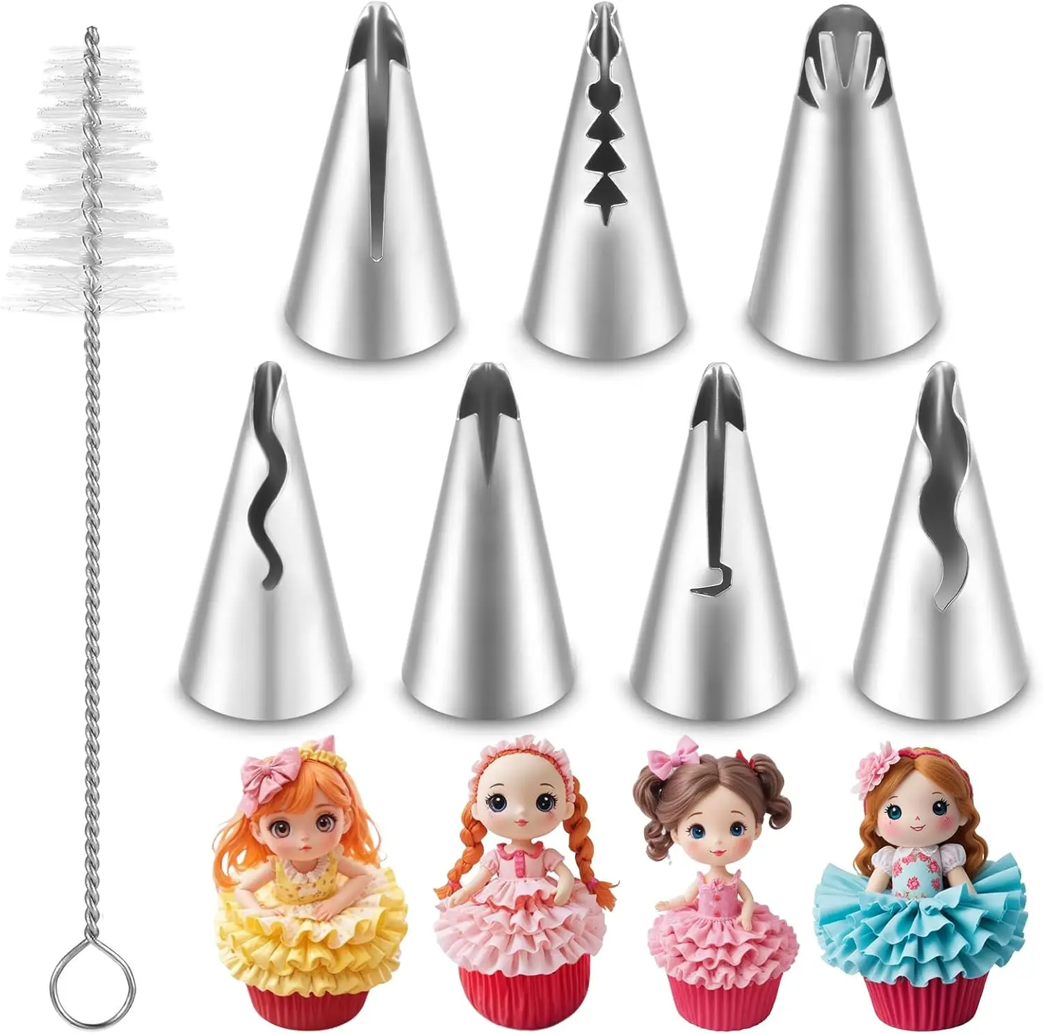 8 Pieces Pleated Skirt Piping Nozzles Set, Stainless Steel Russian Nozzles Tips Piping Set For Pastry Fondant,Cake Decorating Su