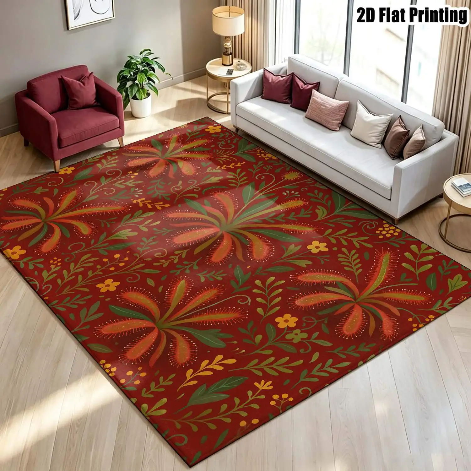 1Pc 2D Printed Retro Red-Based Plant Flower Nordic/Instagram-Inspired Minimalist Vintage Carpet, Machine-Washable Multi-Size Home Decor Mat for Entryway, Dining Room, Foyer, Living Room, Bedroom