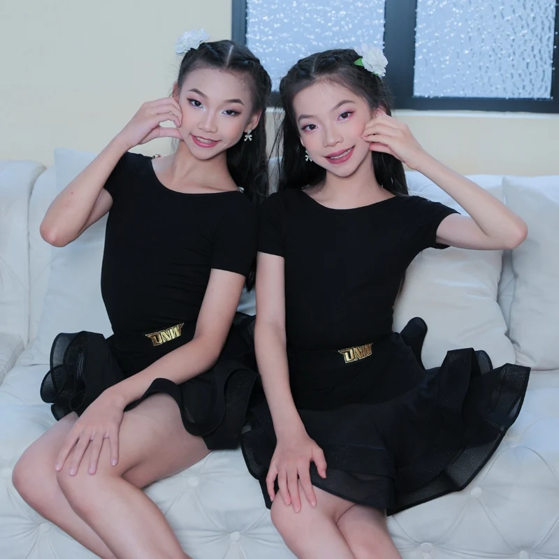 

Summer Short Sleeve Latin Dance Dress Black Mesh Skirt Set Girls Rumba Cha Cha Dancing Performance Clothes Practice Wear VBH1844