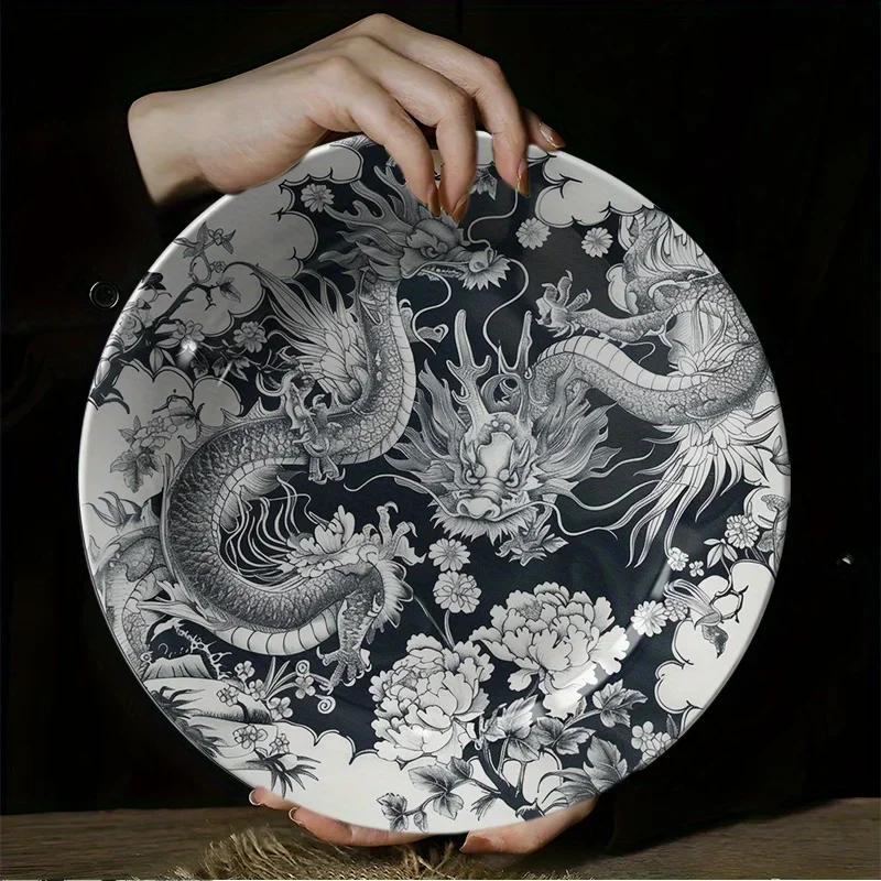2D Flat, 1pc Hand-Painted Ceramic Plate Suitable for Home, Living Room, Bedroom - Vintage Oriental Dragon & Floral