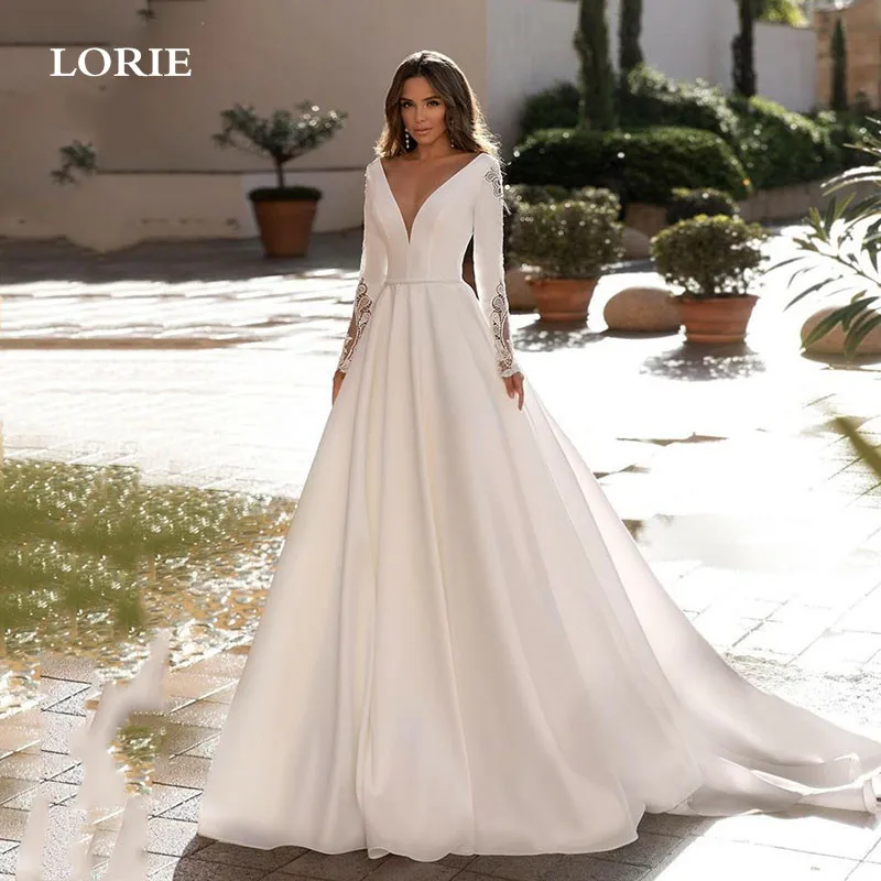 

LORIE Matte soft Satin Long Sleeve Wedding Dresses Lace V Neck A Line Bride Dress Vestidos de novia Sweep Train Wedding Gowns