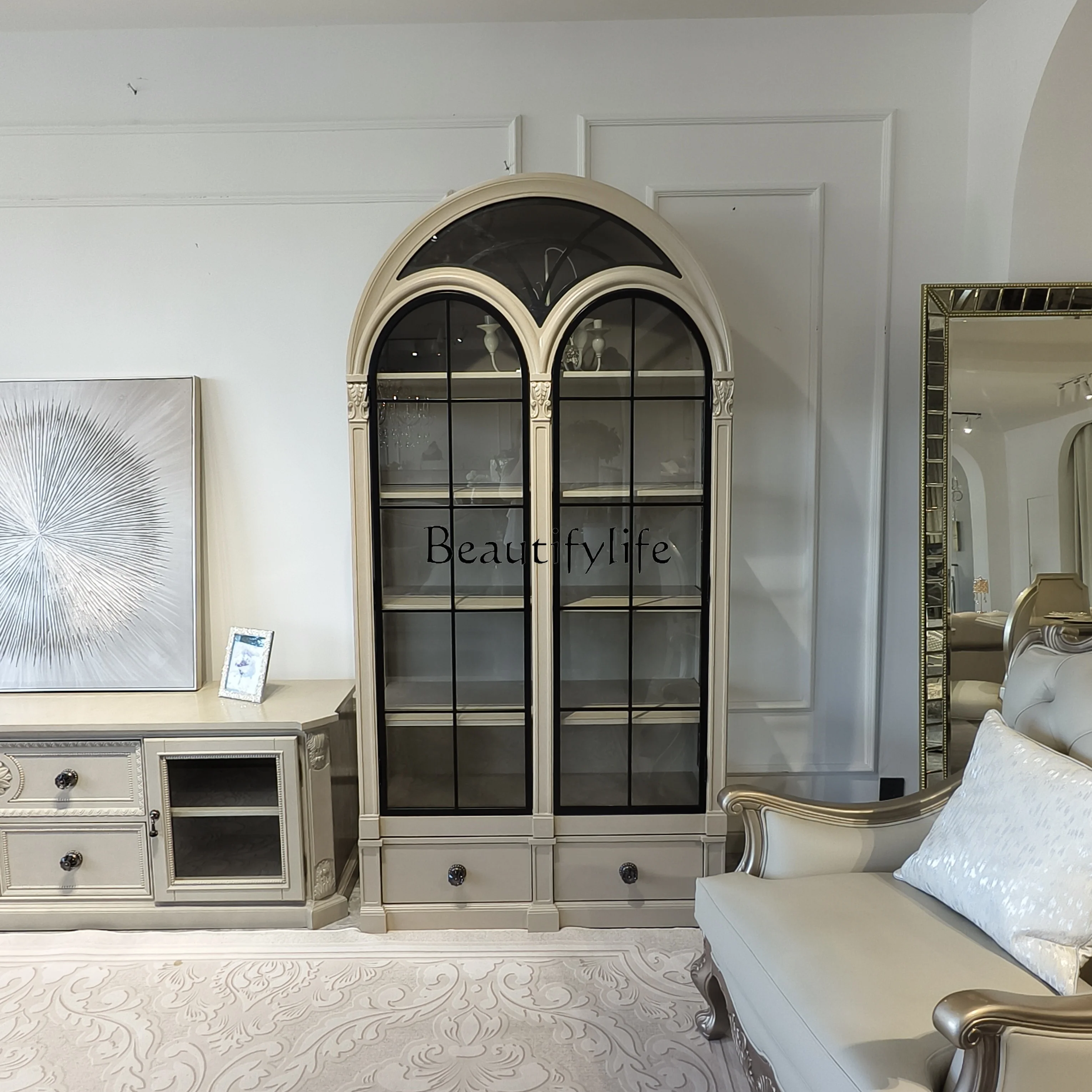 

American arched wine cabinet retro style solid wood carved dining side cabinet high-end living room display cabinet