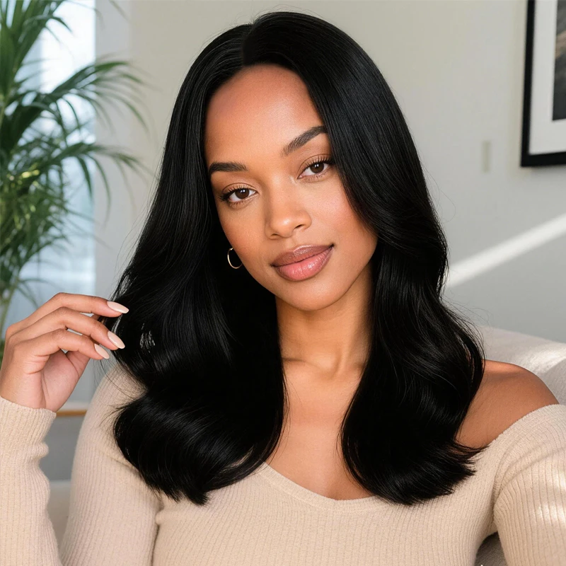 Women's black 20-inch wig, center-parted curly hair, versatile and stylish high-temperature synthetic hair.