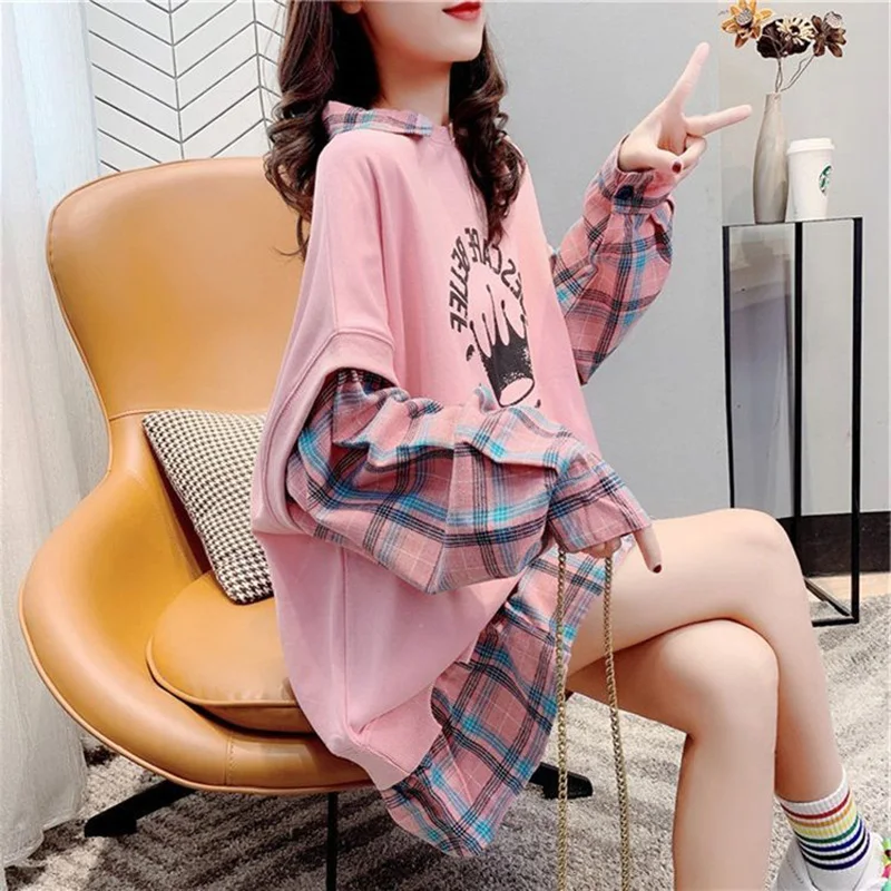 Fashion Printed Spliced Plaid Fake Two Pieces Sweatshirts Female Clothing 2023 Autumn New Loose Casual Tops Korean Sweatshirts