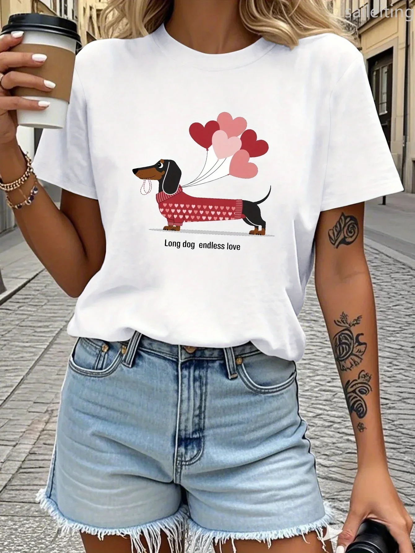 

Teediy Dachshund Balloons Long Dog Endless Love Женская футболка с принтом Комфортная женская футболка с рукавами в стиле Харадзюку Повседневная эстетичная одежда