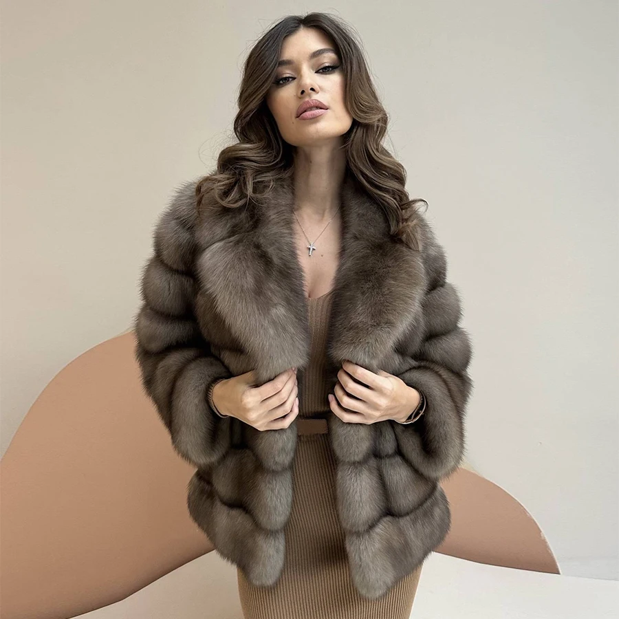 Casaco Real Fox Fur para mulheres, casaco de inverno luxuoso, quente, comprimento médio, pele natural, lapela, 2023