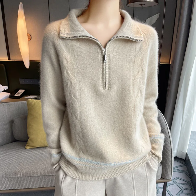 Gestrickter Damen-Reverspullover aus 100 % australischer Wolle, bequem und vielseitig, langärmelig für Damen im Herbst und Winter