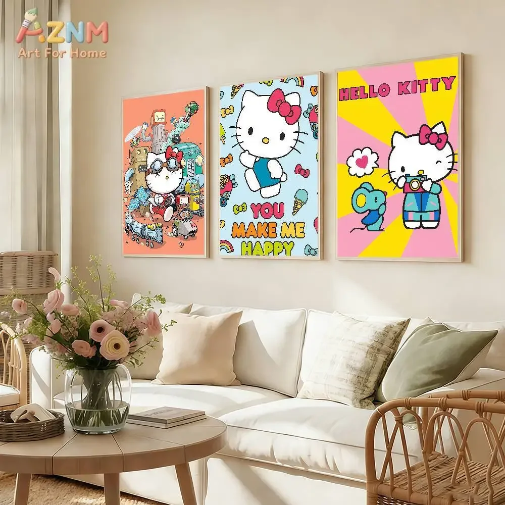 AZNM Sanrio Hello Kitty Graffiti Canvas Poster, Kawaii Cartoon Cat Unframed Wall Art Print, Girls Bedroom Aesthetic Home Decor