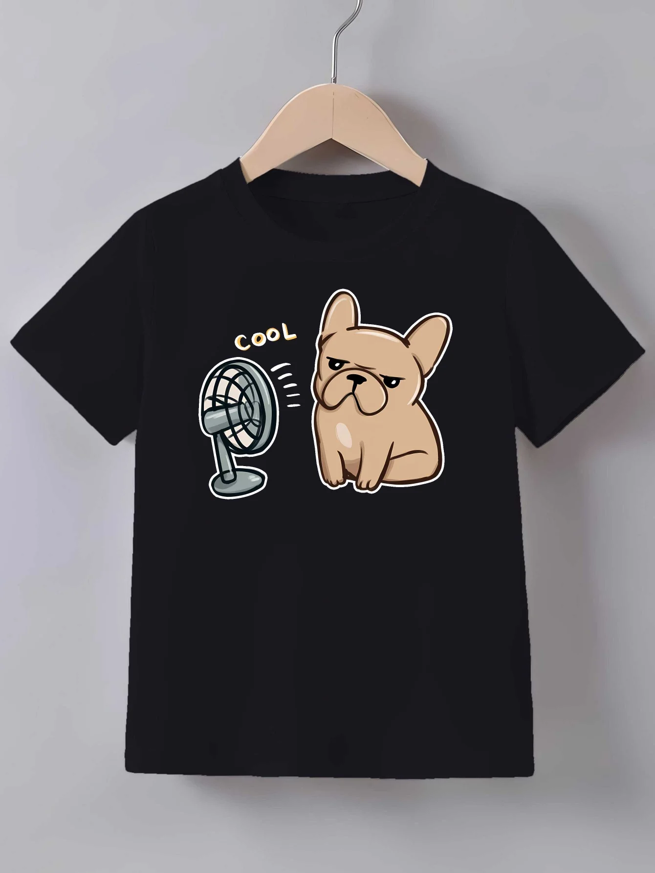 Cool French Bulldog Electric Fan Print T Shirt Family Matching Outfit Boys Girls Kids Short Sleeve Cartoon Children Daily Tees