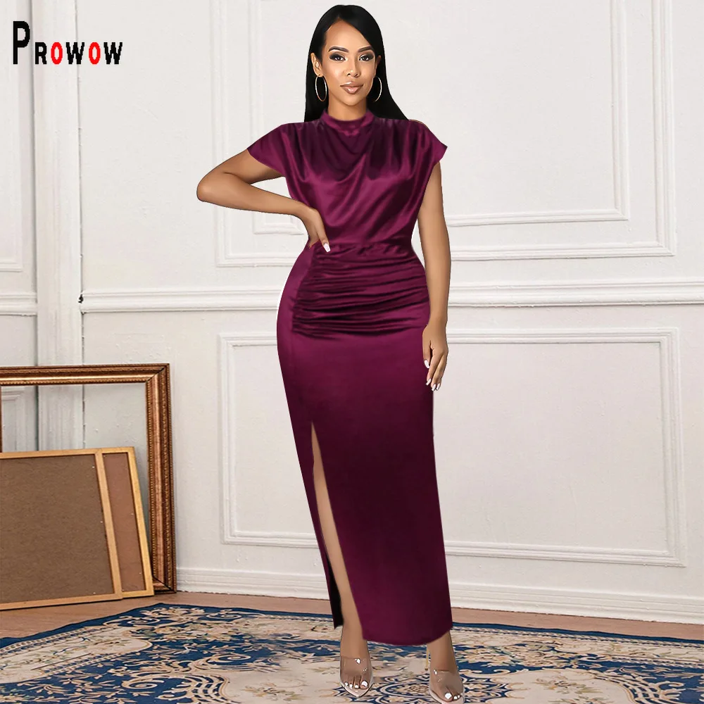 

Prowow Elegant Women's Maxi Dress Slim Fit Bodycons Outfits Solid Color Split Birthday Party Evening Wear Vestidos Para Mujer