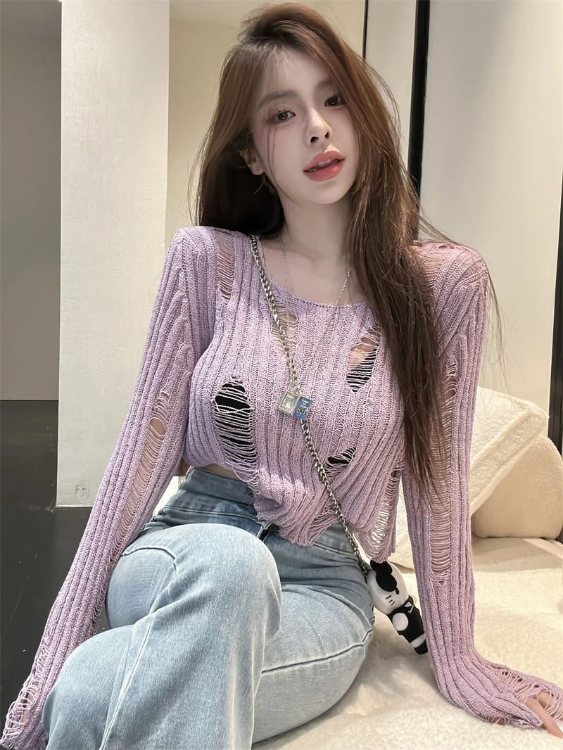 

Autumn new short section purple hollow out hole sexy knitted sweater for women