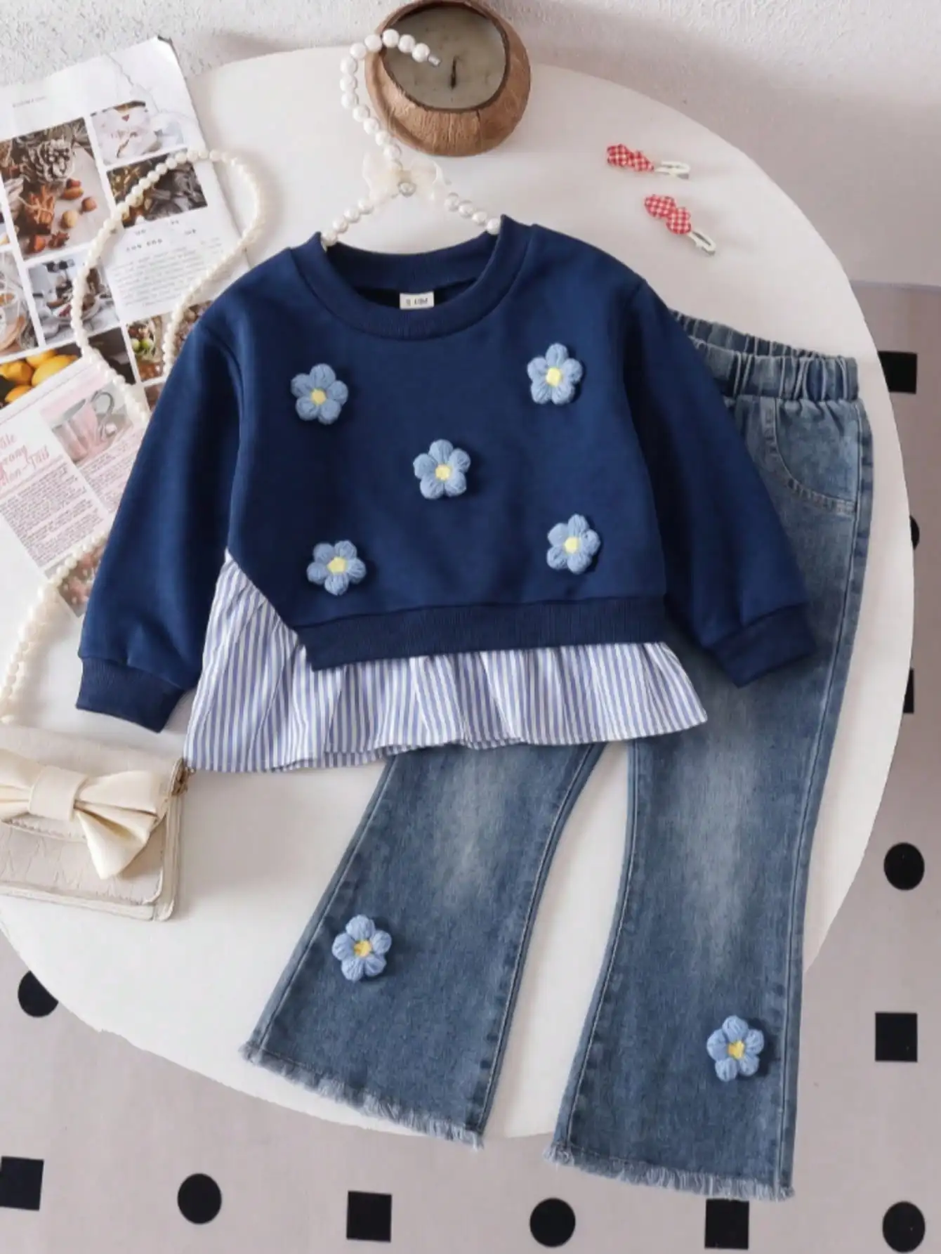 Sweet Fall Baby Girl Navy Spliced Ruffle Hem Top Denim Matching Set