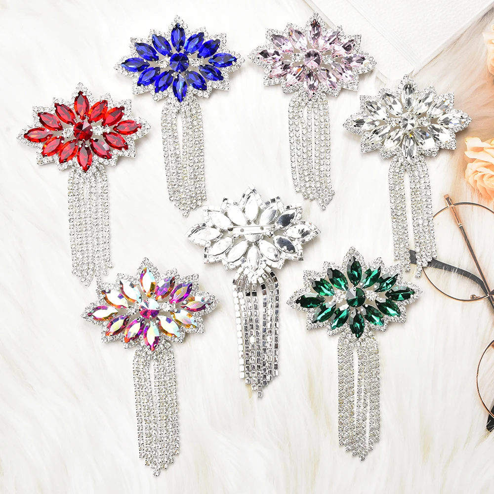 Kolorowe kryształowe kwiatowy frędzel z koniem oko broszka srebrne szkło DIY akcesoria do ubrań dla kobiet dekoracji sukni