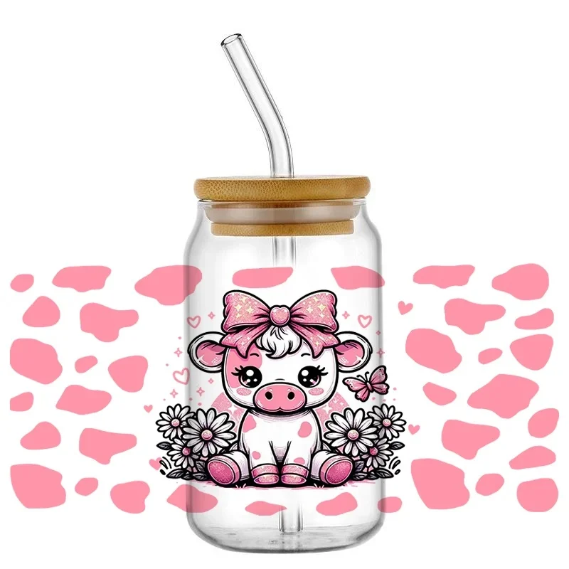 Cute Dairy Cow Pattern UV DTF Cold Transfer Cup Wrap, Waterproof Sticker Decal for 16oz Glass Can Tumbler DIY Custom Decor Label