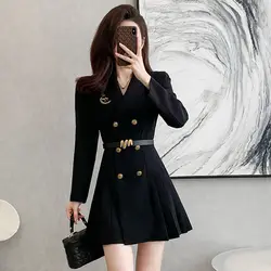 Hepburn Style Black Suit Dress New Temperament Commuting Suit Slim Fit Pleated Skirt
