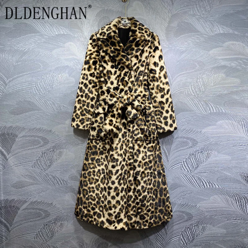 DLDENGHAN Autumn Double Breasted Leopard Coat For Women Turn-down Collar Long Sleeves Lace-up High Street Outerwear Fashion New