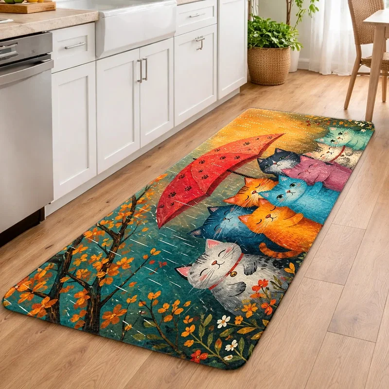 1pc, 2pcs, 3pcs Cute Cat Umbrella Pattern Doormats, Durable Stain - Resistant Machine - Washable, Bath Mat Suitable for Living