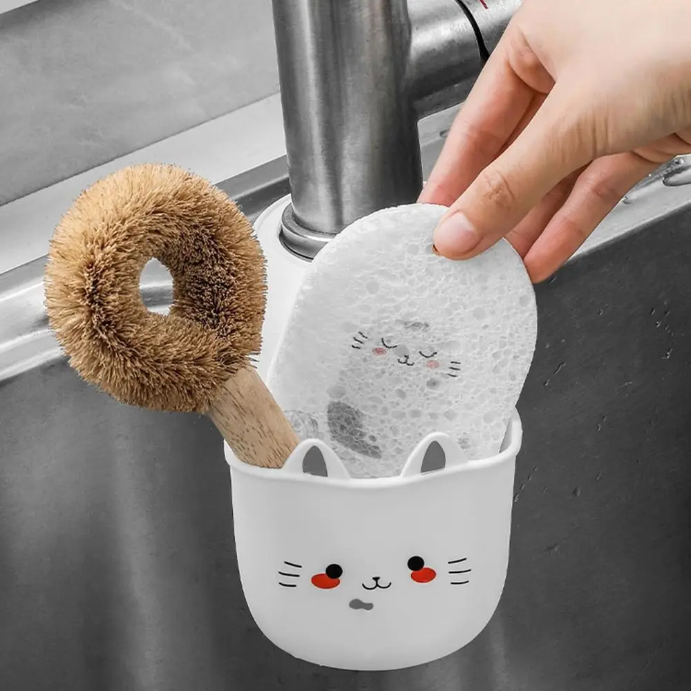 Soap Sponge Shelf Silicone Cartoon Cat Hanging Basket Soft White Sink Hanging Storage Bag Snap Fastener Sink Drain Basket Faucet