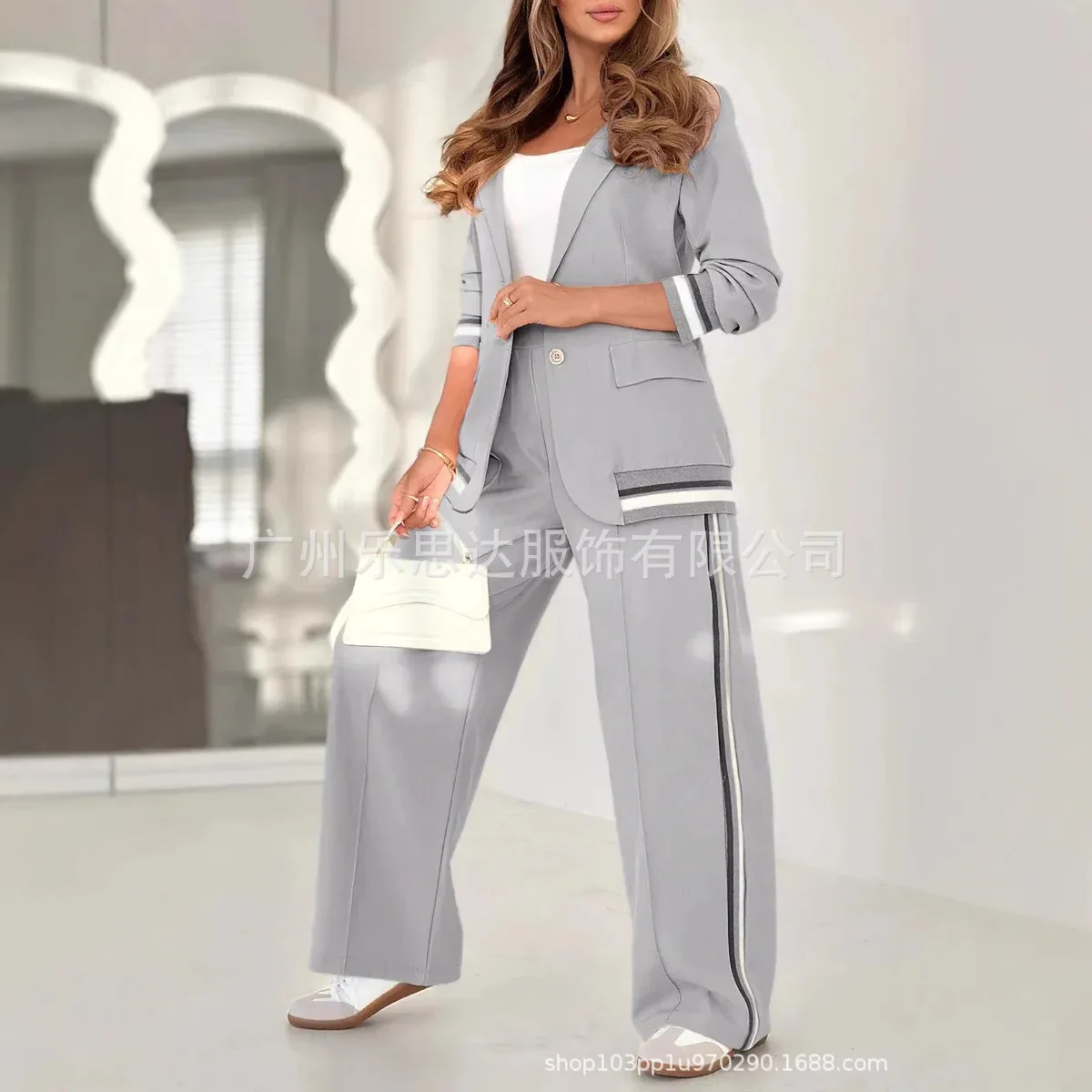 Autumn 2025 Women's Pants Sets Lapel Solid Color Striped Long Sleeves Loose Casual Blazer+wide-leg Trousers Ensembles Pantalons