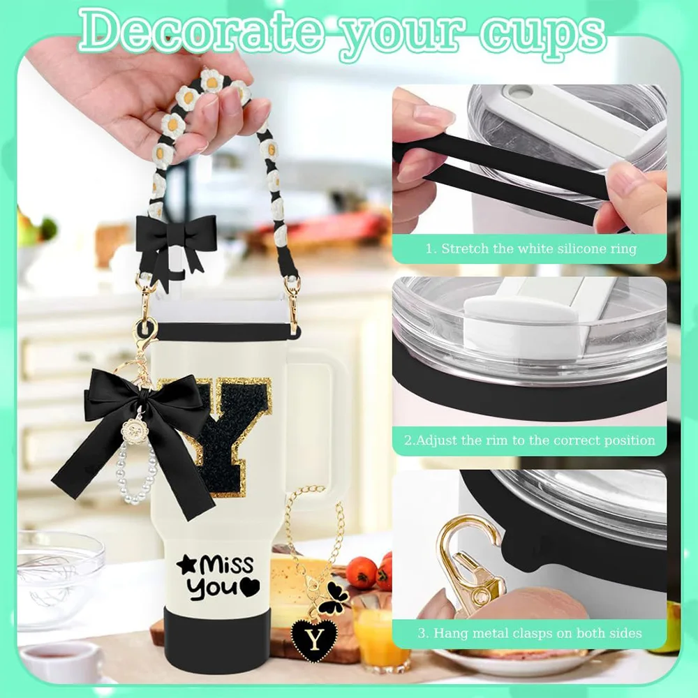 8Pcs Cup Accessories Including Straw Topper,Silicone Prorective Boot,Cup Charm,Stickers and Handle Strap for 40oz Tumbler Cup