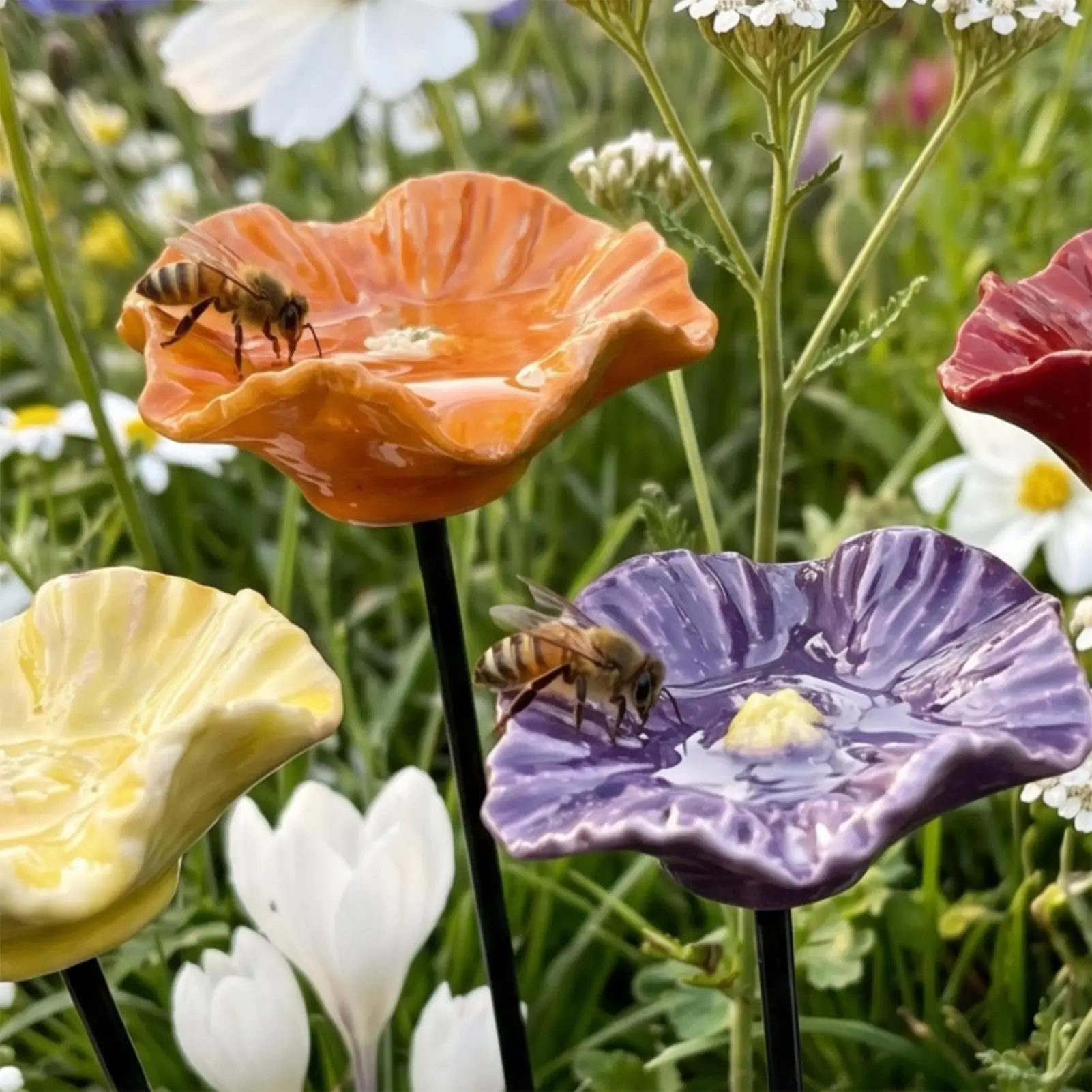 Portable Bee Water Feeder Creative ceramic Flower Drinking Fountain Holder Bee Watering Station Bird Bath Stand Household