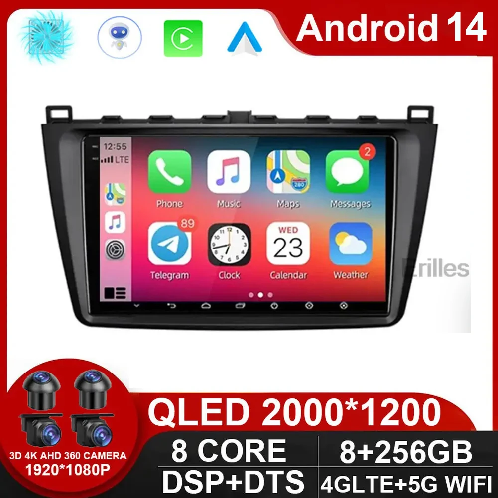 

9" 4G Carplay Android 14 Car Radio Multimedia Player Navigation GPS For Mazda 6 Rui Wing 2007-2012 Head Unit NO DVD 2DIN