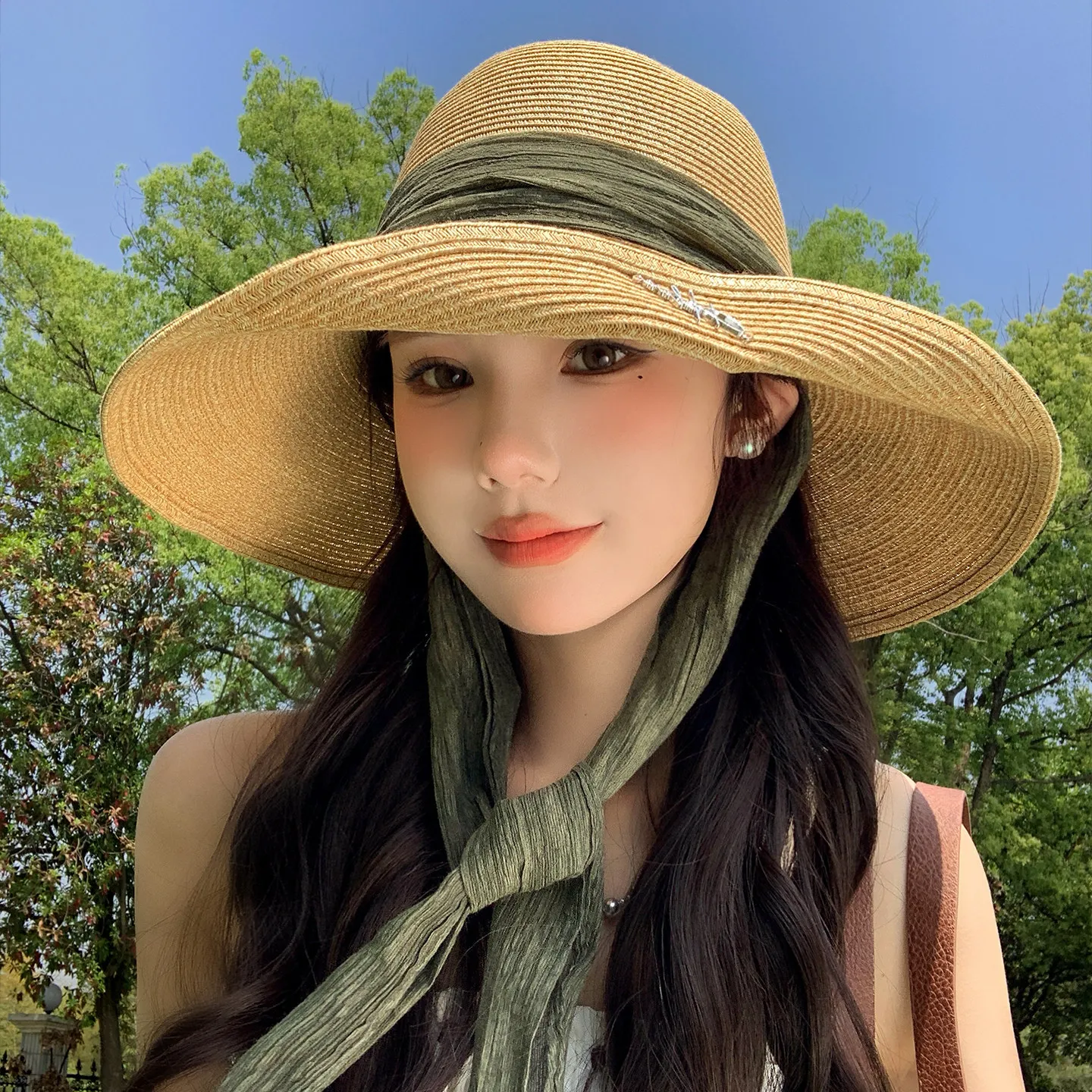 French Elegant Long Blue Green Ribbon Straw Hats For Women Foldable Wide Brim Panama Beach Female Holiday Photo Props Sun Caps