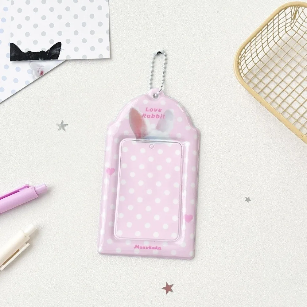 Portable PVC Photocard Holder with Chain Animal Ear Print Card Protector Polka Dot Design 3-inch Kpop Card Sleeve