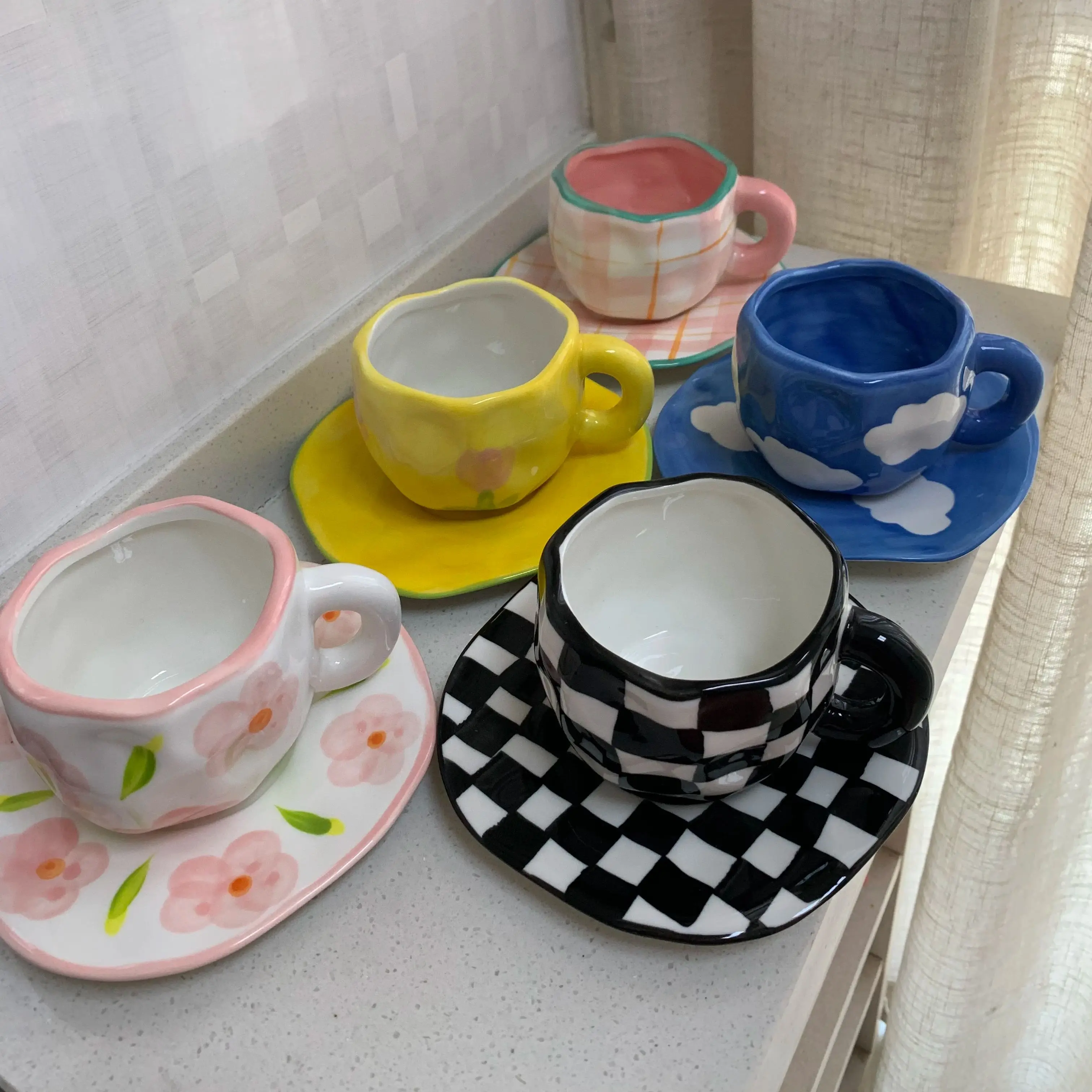 

300ML 10OZ Korean Style Kawaii Cute Ceramic Mugs Handmade Flower Pattern Breakfast Coffee Milk Cup with Dish and Spoon